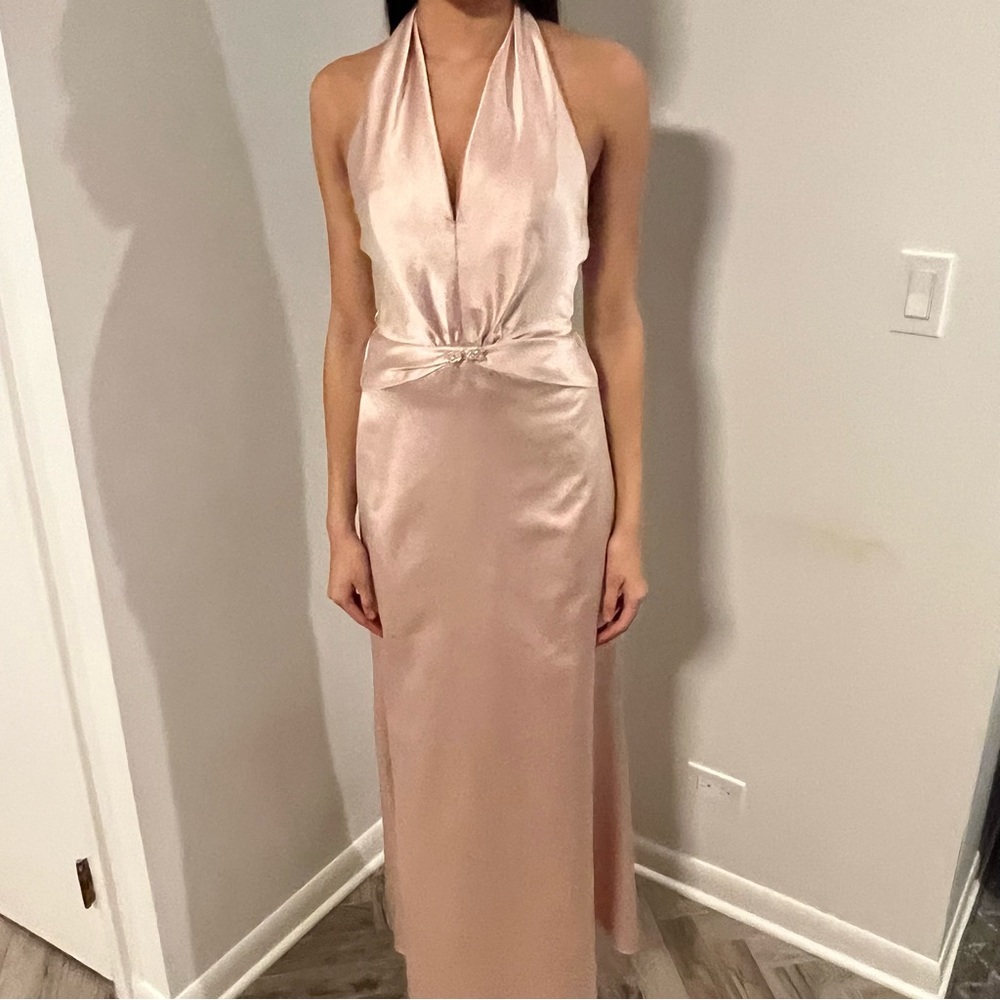 Elegant Halter Neck Satin Dress - Pink